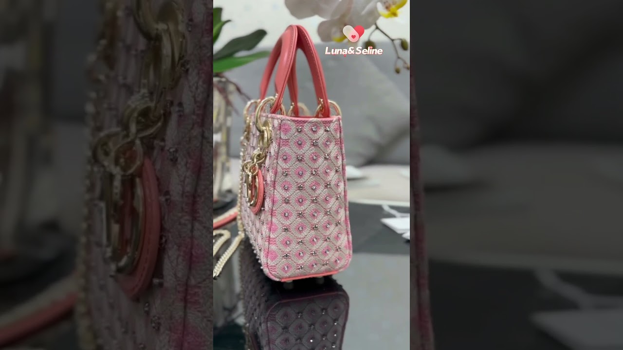 SMALL LADY DIO RR HOT PINK BAG LATTLE CALFSKIN EMBROIDERED WIHT RESIN PEARL CANNAGE MOTIF #foryou