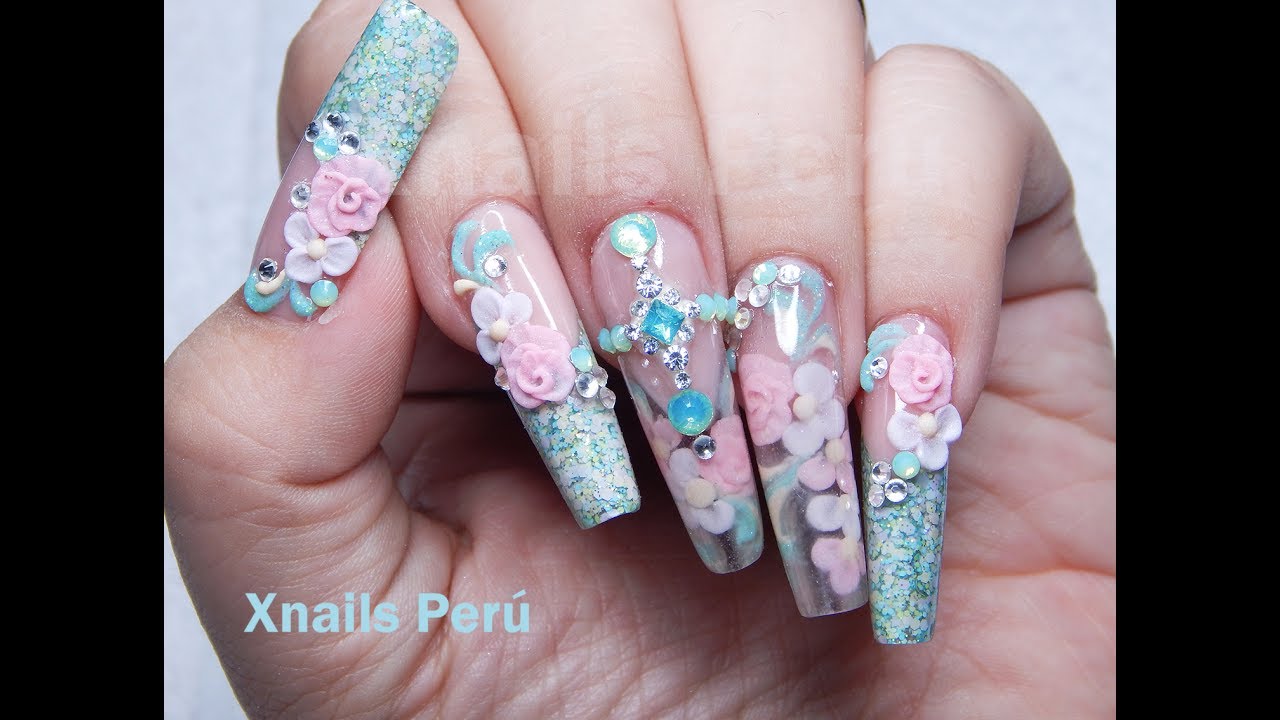 Uñas Acrílicas con Flat 3D alto y bajo relieve en punta Esqueleto / Xnails Peru