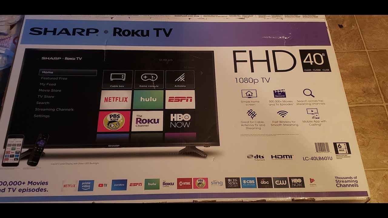 SHARP ROKU TV 40 INCH 1080p FHD LED SMART LC-40LB601U UNBOXING SETUP INSTALLING 1/30/2020