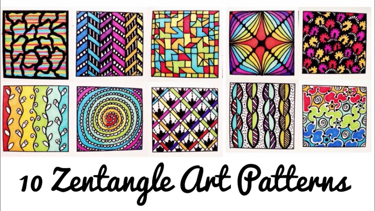 10 Easy Colourful Zentangle Art Patterns | Part -2 | Patterns for Beginners ( Time - Lapse )