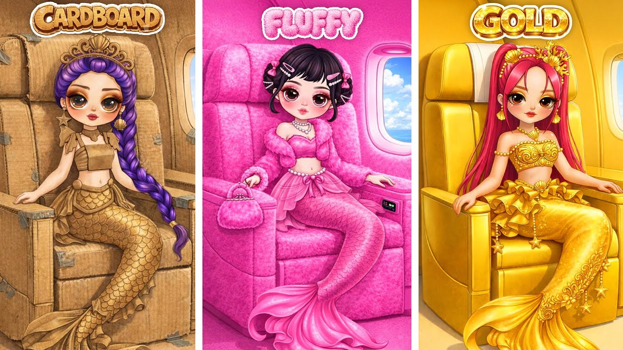 Rumi, Zoey & Mira Mermaid Glow Up in Cardboard, Golden & Fluffy Fashion | DIY Fashion Paper Dolls