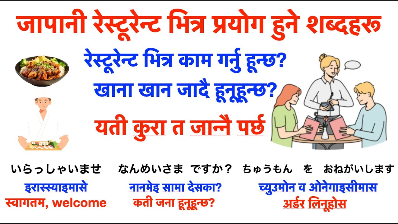 जापानी रेस्टूरेन्ट भित्र प्रयोग हुने शब्दहरू(basic level)