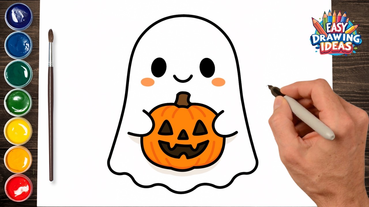 How to Draw a Halloween Ghost - Easy Cute Kawaii Drawing for Kids