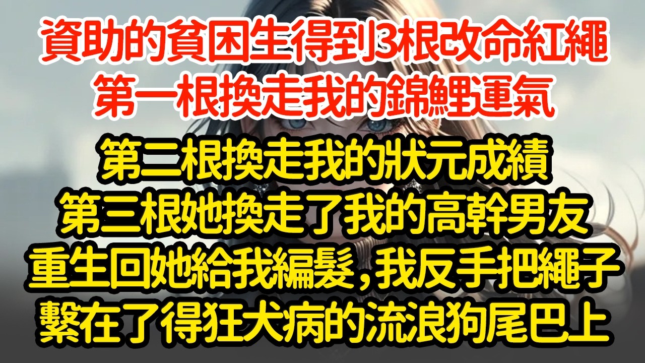 資助的貧困生得到3根改命紅繩，第一根換走我的錦鯉運氣第二根換走我的狀元成績第三根她換走了我的高幹男友重生回她給我編髮，我反手把繩子繫在了得狂犬病的流浪狗尾巴上