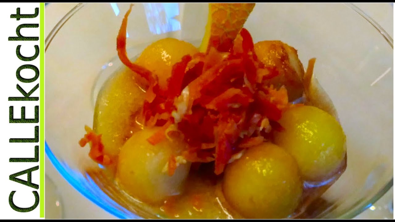 Melonenperlen in Portwein mit Seranoschinken selber machen. Rezept