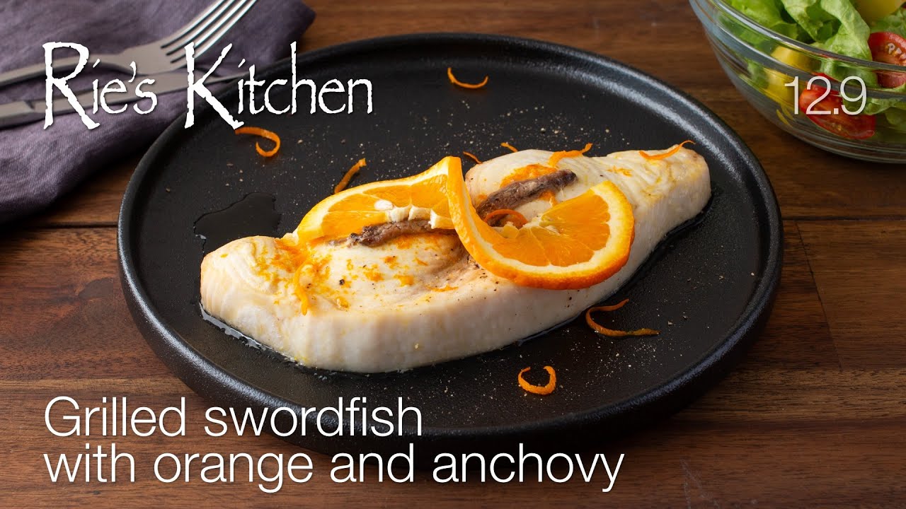Grilled swordfish with orange and anchovy