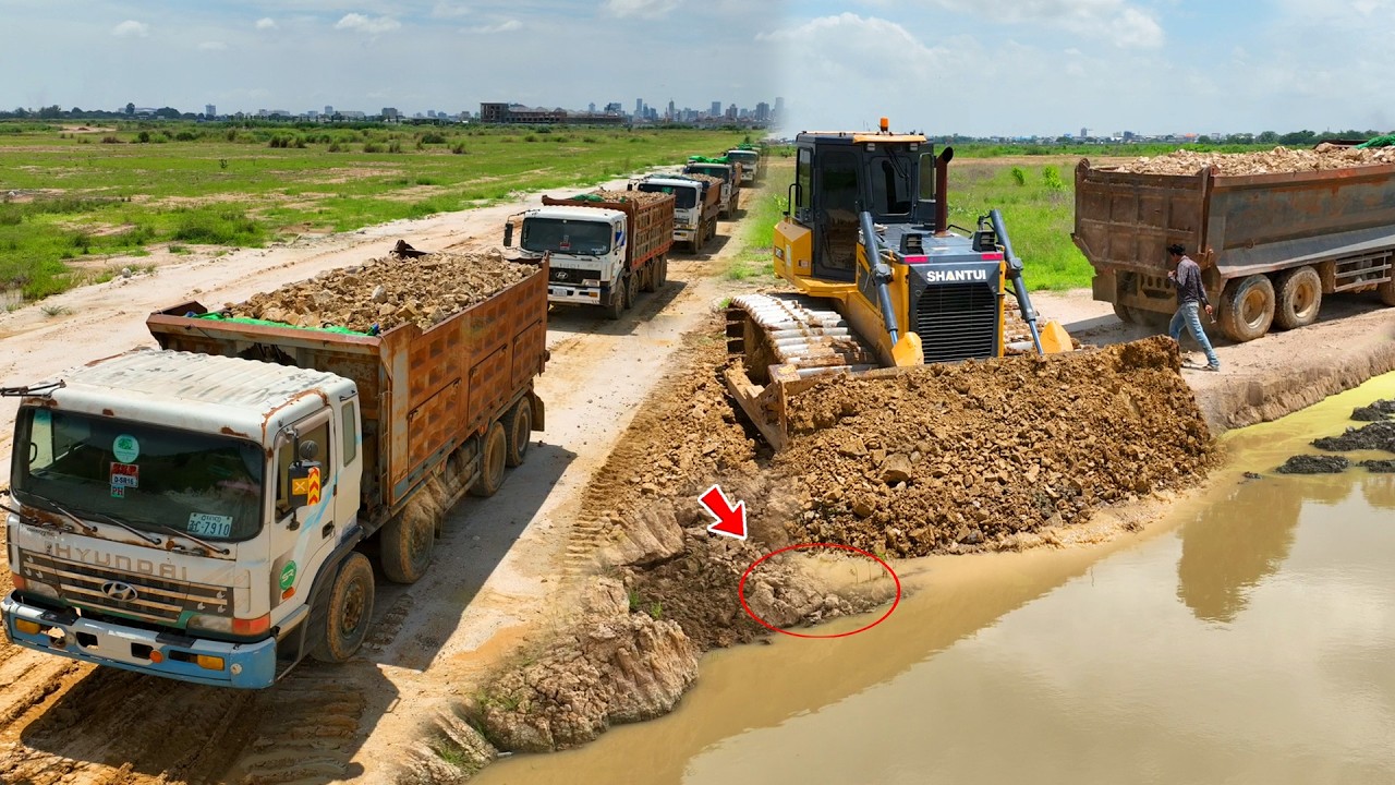 Great work Shantui DH17 C3 Bulldozer  Pushing Soil Landfilling Up Make New Road Around the Land