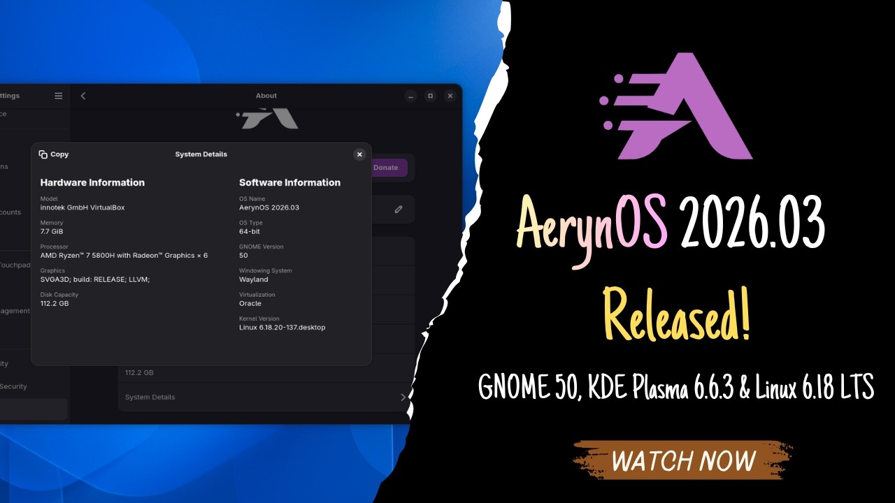 Выпущена AerynOS 2026.03 | GNOME 50, KDE Plasma 6.6.3 и Linux 6.18 LTS