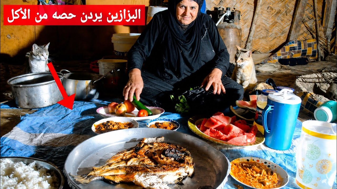 الحجية فاطمه وجها متعوب بسبب تربية الجاموس وكبر سنها حتى الفطور صار صعب عليها