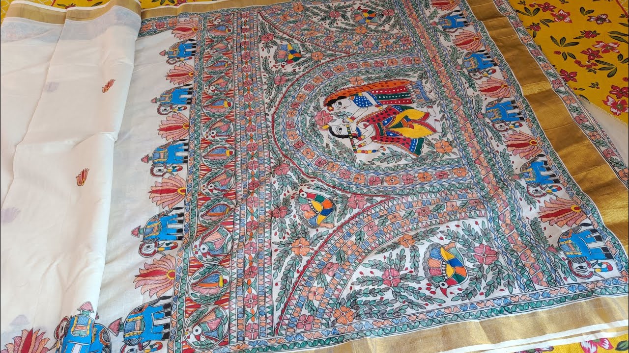 Madhubani painting cotton saree with golden border