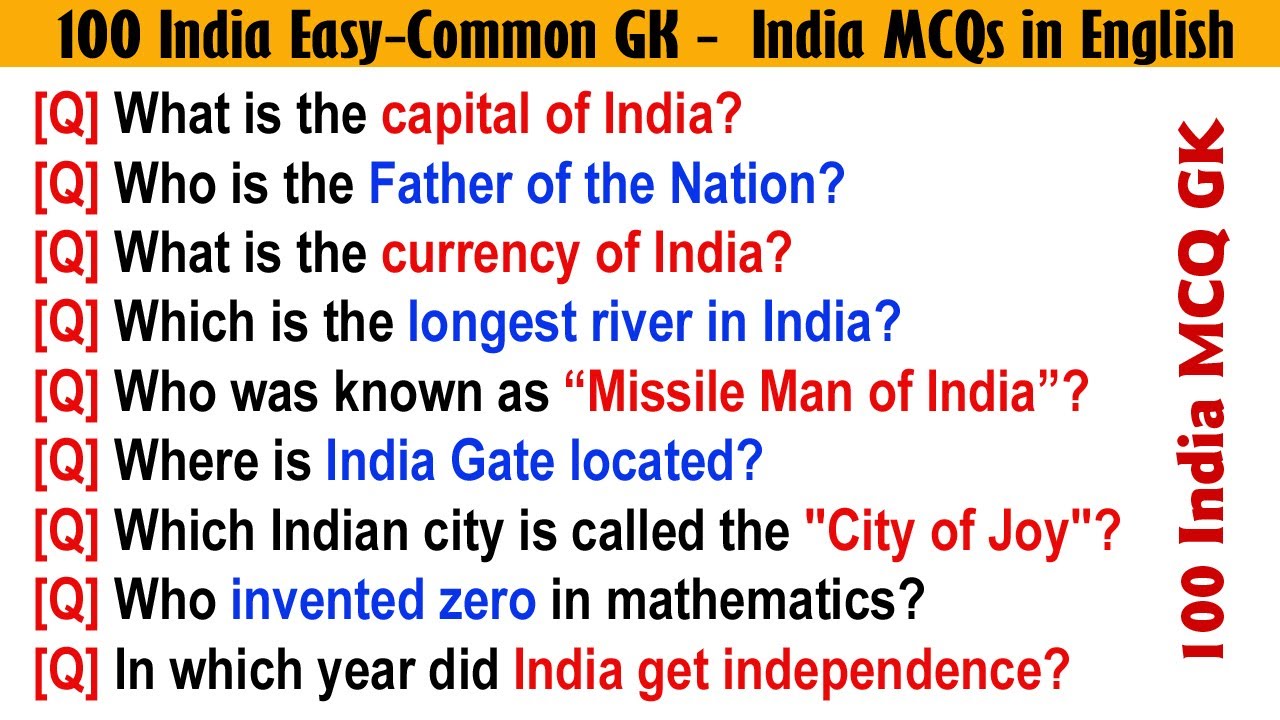 100 Easy India GK Questions and Answers | MCQs on India with Answers | India General Knowledge 2026