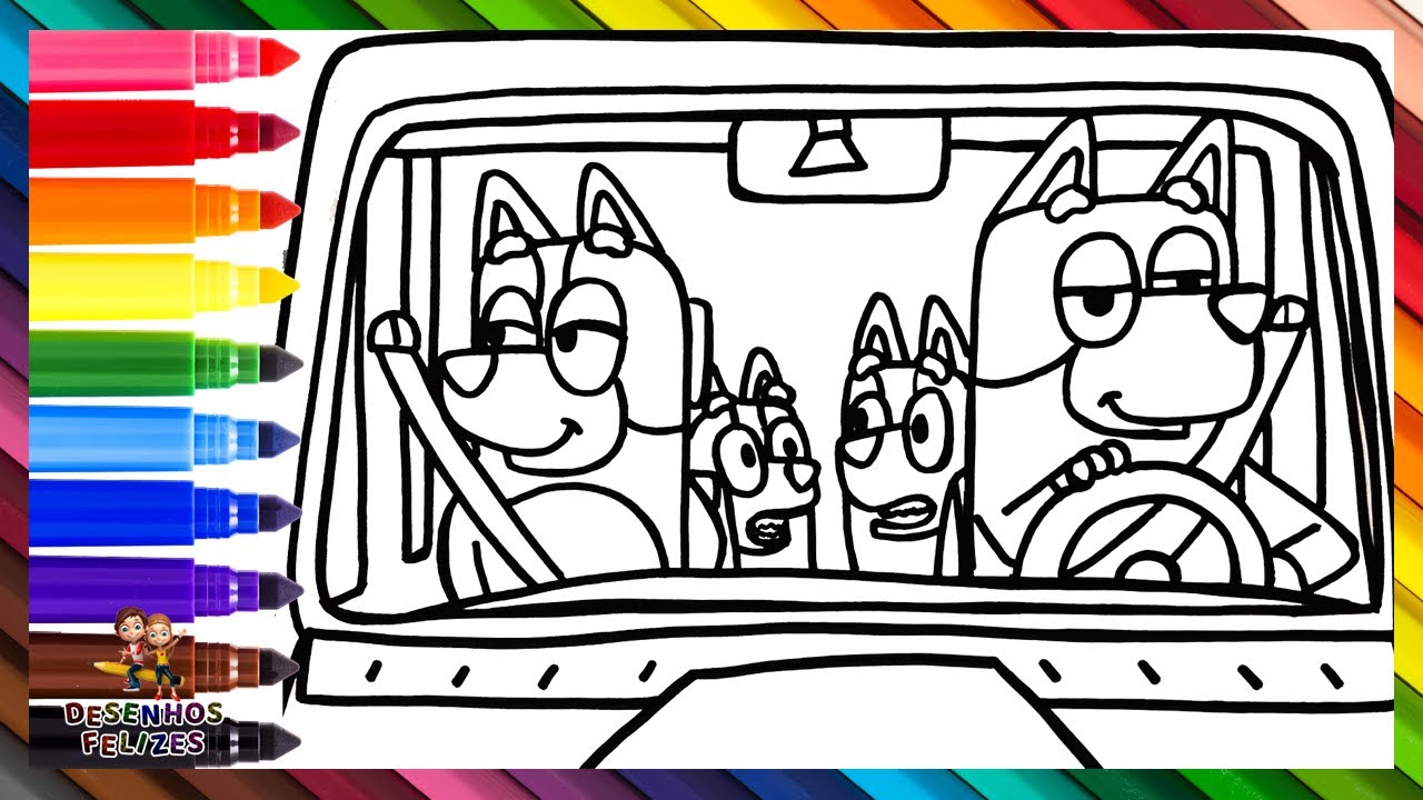Desenhar e Colorir Bluey e Sua Fam&iacute;lia no Carro 🐶🐕🚗 Desenhos para Crian&ccedil;as