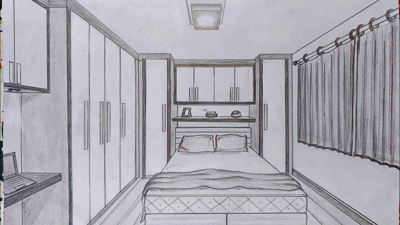 Aprenda a Desenhar: Dormitório cama embutida. C/ 01 Ponto de Fuga! Siga o Passo a Passo do Vídeo!
