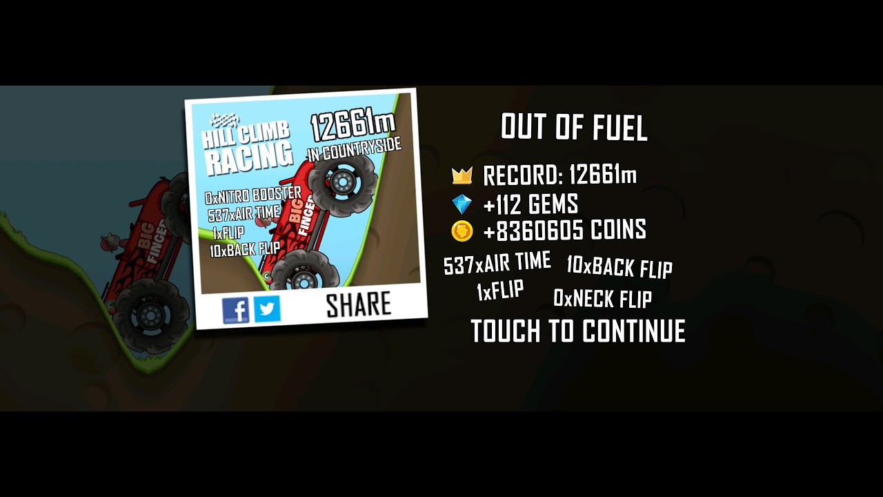 Hill Climb Racing: 12661m in Countryside on Big Finger (no boosters, no pets)