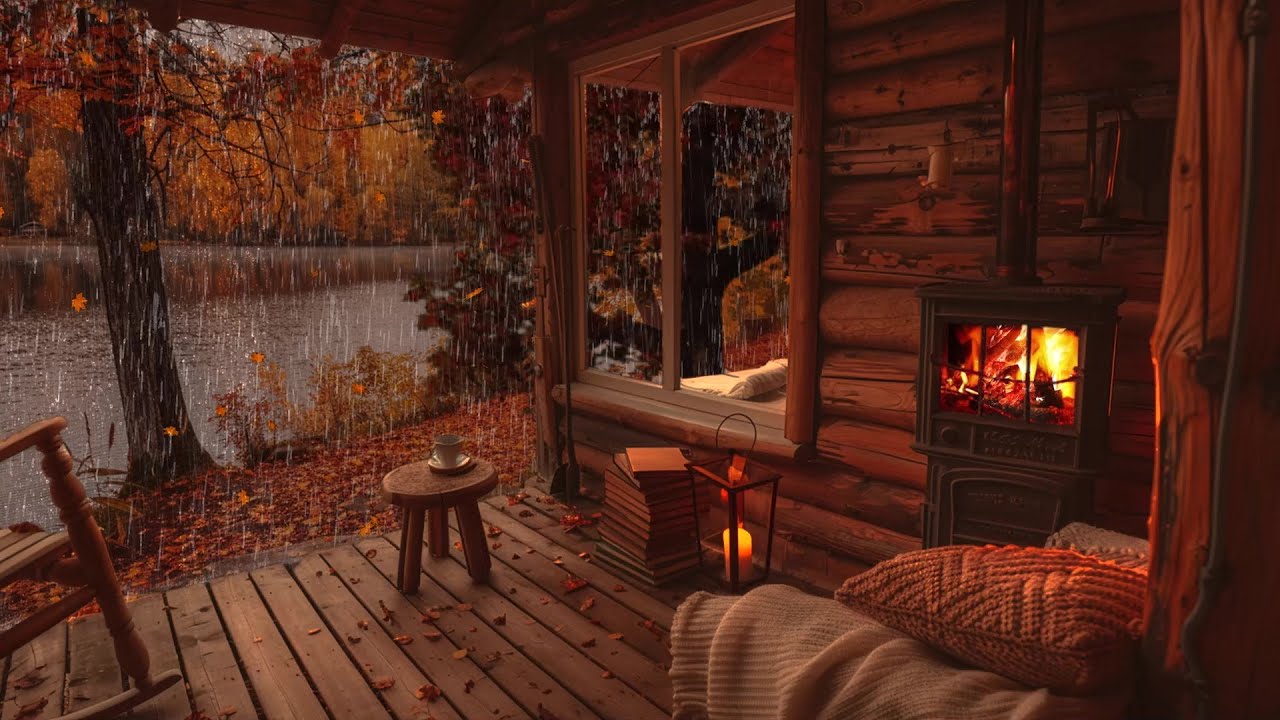 Deep Sleep on an Autumn Balcony 🌧️ Crackling Fireplace & Gentle Rain Sounds for Restful Sleep