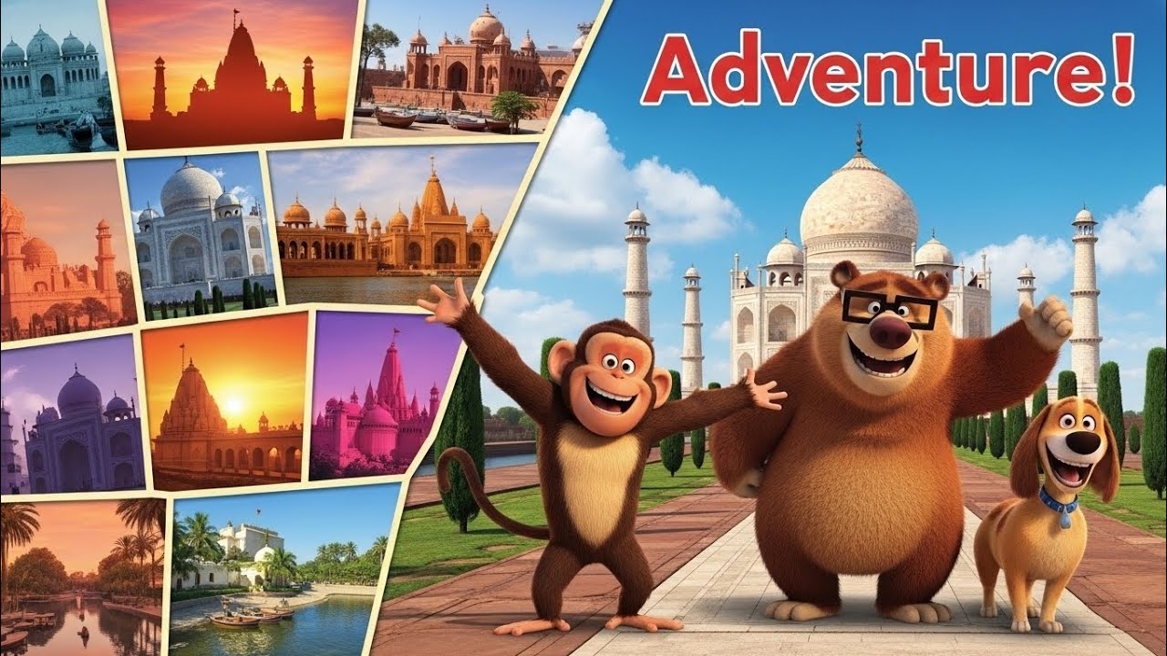 Funny Animal Trip to Uttar Pradesh 🐾 | Taj Mahal, Varanasi & Desi Food Adventure | Kids Travel Story