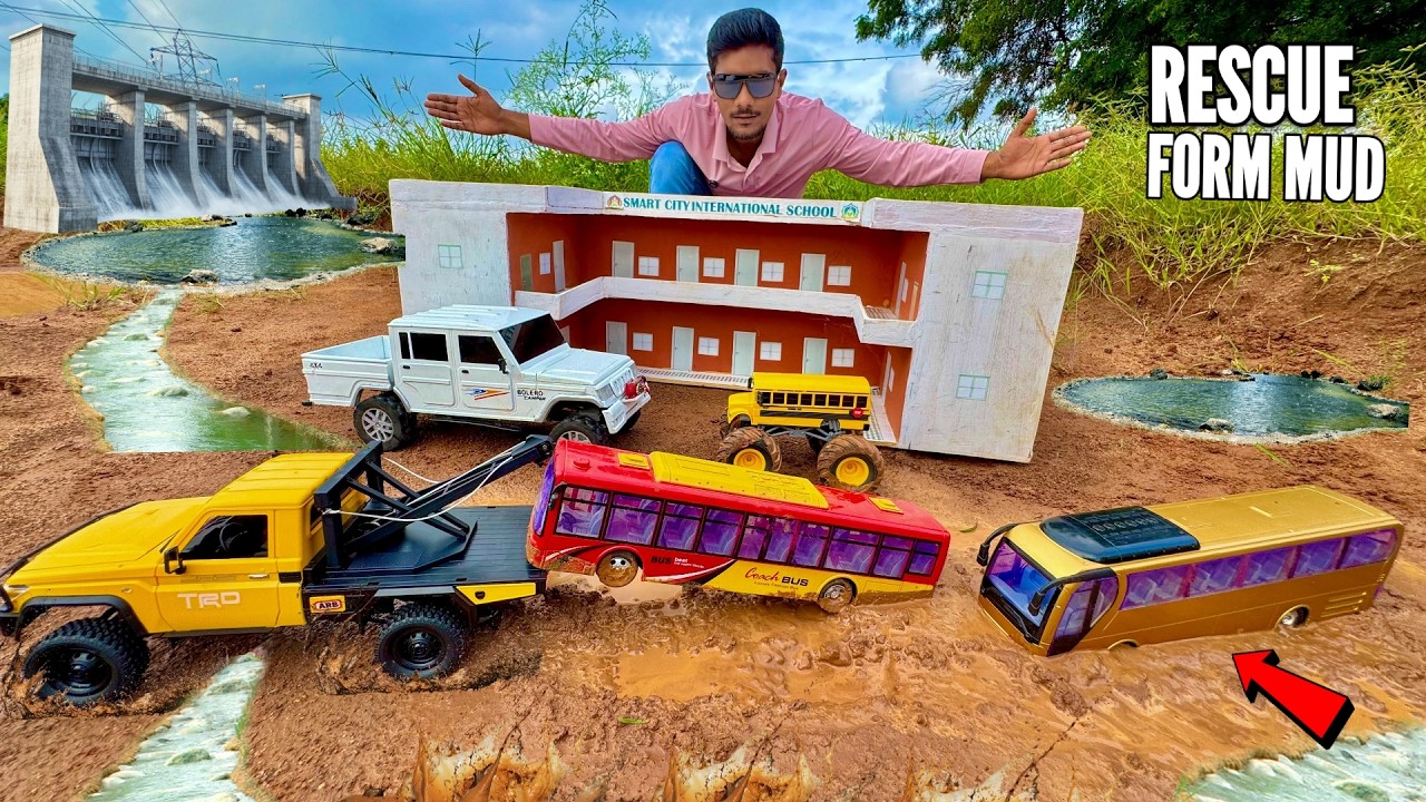 RC Bus Stuck in Big Mud Pit Will RC 4X4 Toyota Car save it  - Chatpat toy TV