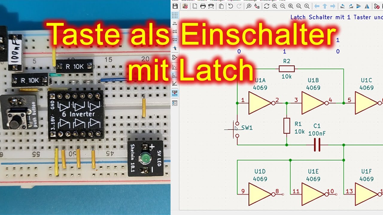 Ein Taster mit Latch zum Ein- / Ausschalten - mit Inverter CD4069 aufgebaut