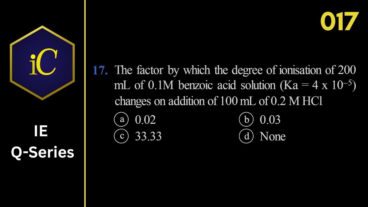 IEQ-017 The factor by which the degree of ionisation of 200 mL of 0.1M benzoic acid solution ....