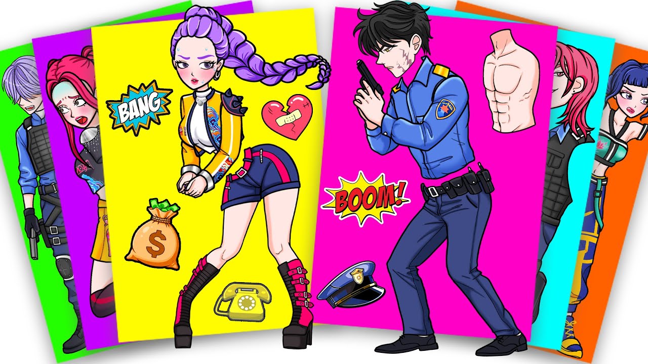 POLICE JINU SAJA CATCHING HUNTRIX RUMI IN THE STREET - KPOP DEMON HUNTERS | STICKER BOOK DIY