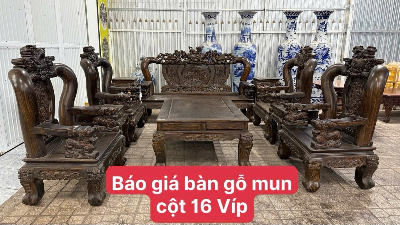 Giới thiệu siêu phẩm bộ bàn gỗ mun cột 16, đồng hồ cẩm lai, bình phong gỗ trắc, gốm tàu khổng lồ.