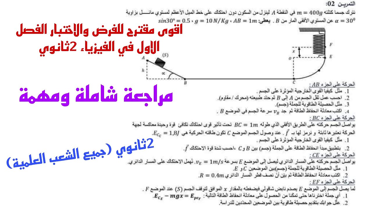 اقوى مقترح للفرض والاختبار الفصل الاول في الفيزياء للسنة الثانية ثانوي جميع الشعب العلمية