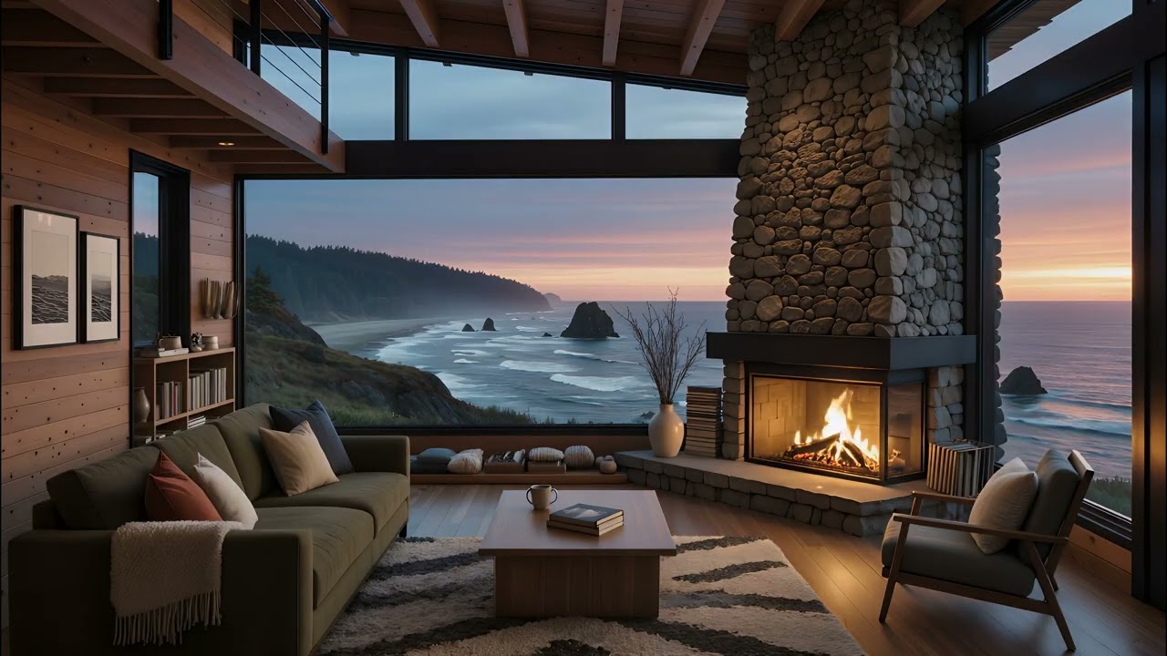 Cozy Oceanside Cliff Fireplace 🔥🌊 | Winter Waves & Stone Fireplace Ambience