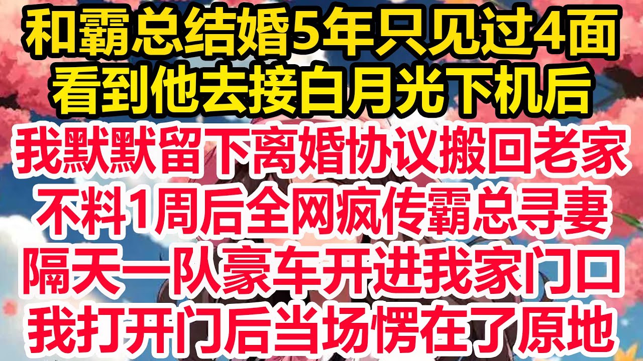 和霸总结婚5年只见过4面，看到他去接白月光下机后，我默默留下离婚协议搬回老家，不料1周后全网疯传霸总寻妻，隔天一队豪车开进我家门口，我打开门后当场愣在了原地！