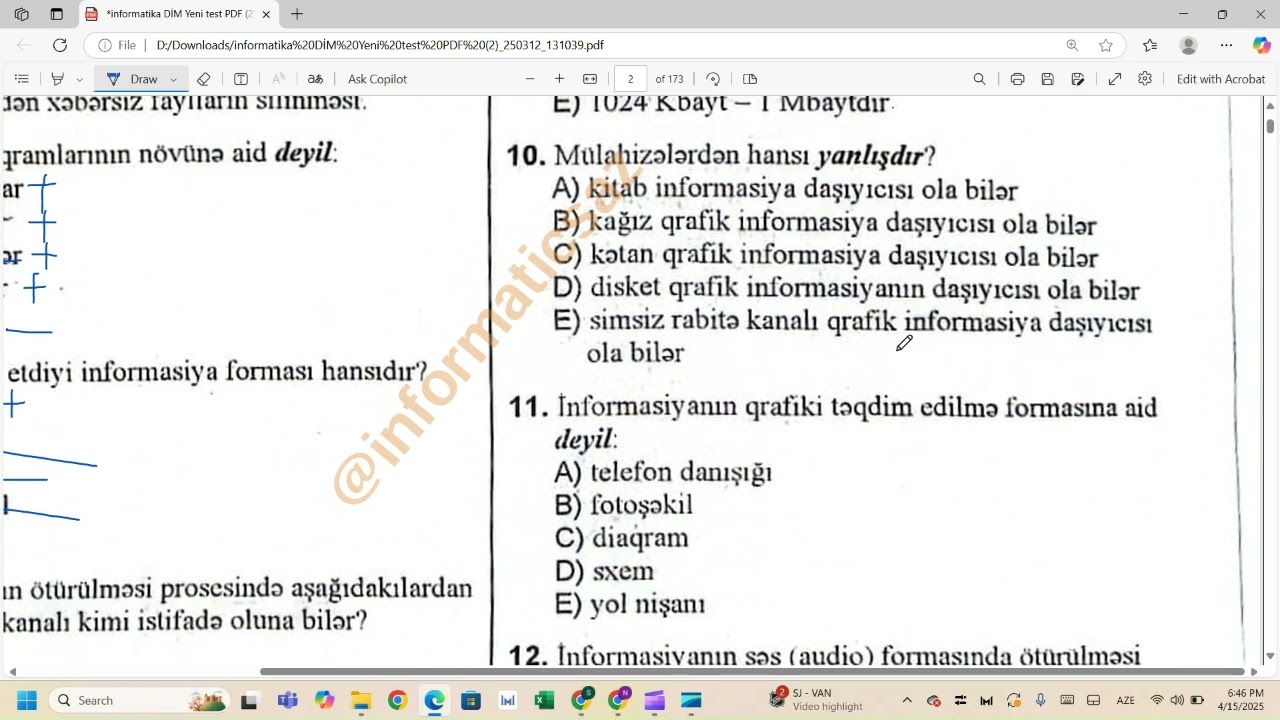 Dim test toplusu birinci bölmə/İnformasiya və informasiya prosesləri/ İnformasiya təhlükəsizliyi .