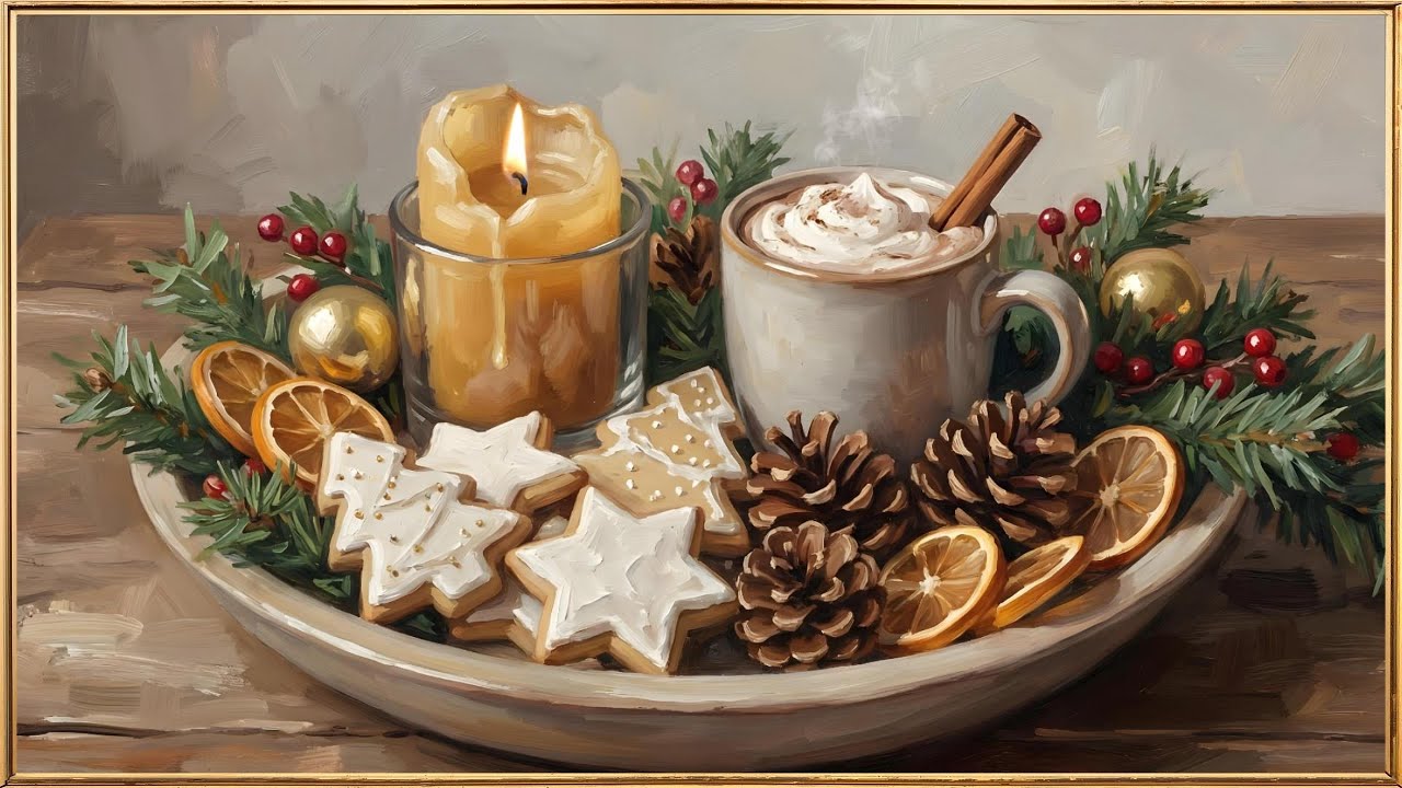 🎄4k Holiday Frame TV Art | Table Centerpiece Christmas painting screensaver | 2 hr + candle motion🕯️