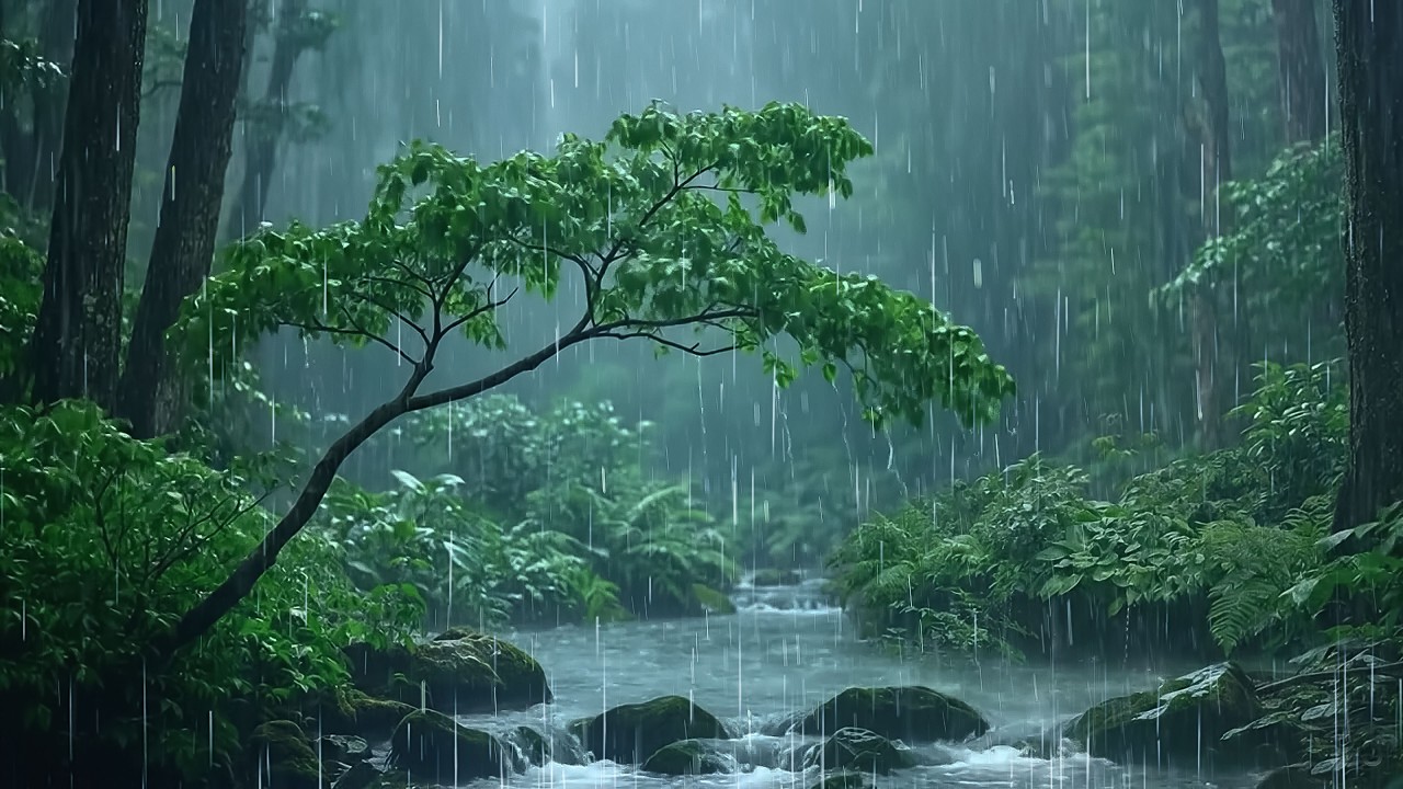 Fall Asleep Naturally with Heavy Rain on a Forest Stream | ASMR Rain Sounds on a Forest Lake