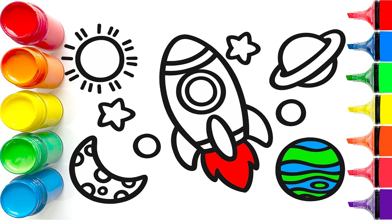 Drawing and Coloring a Spaceship and Planets | Easy Step by Step Tutorial for Beginners