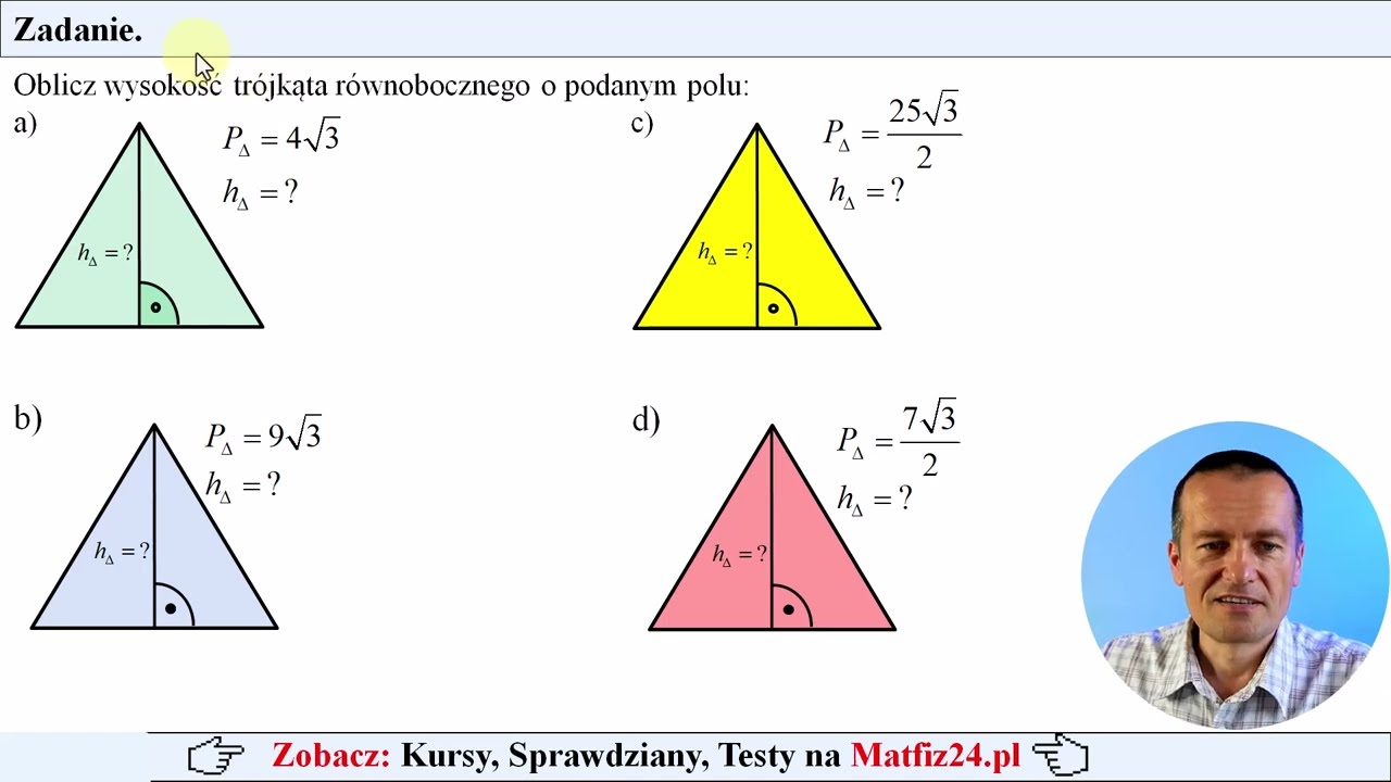 Oblicz wysokość trójkąta równobocznego o podanym polu | MatFiz24.pl 👈