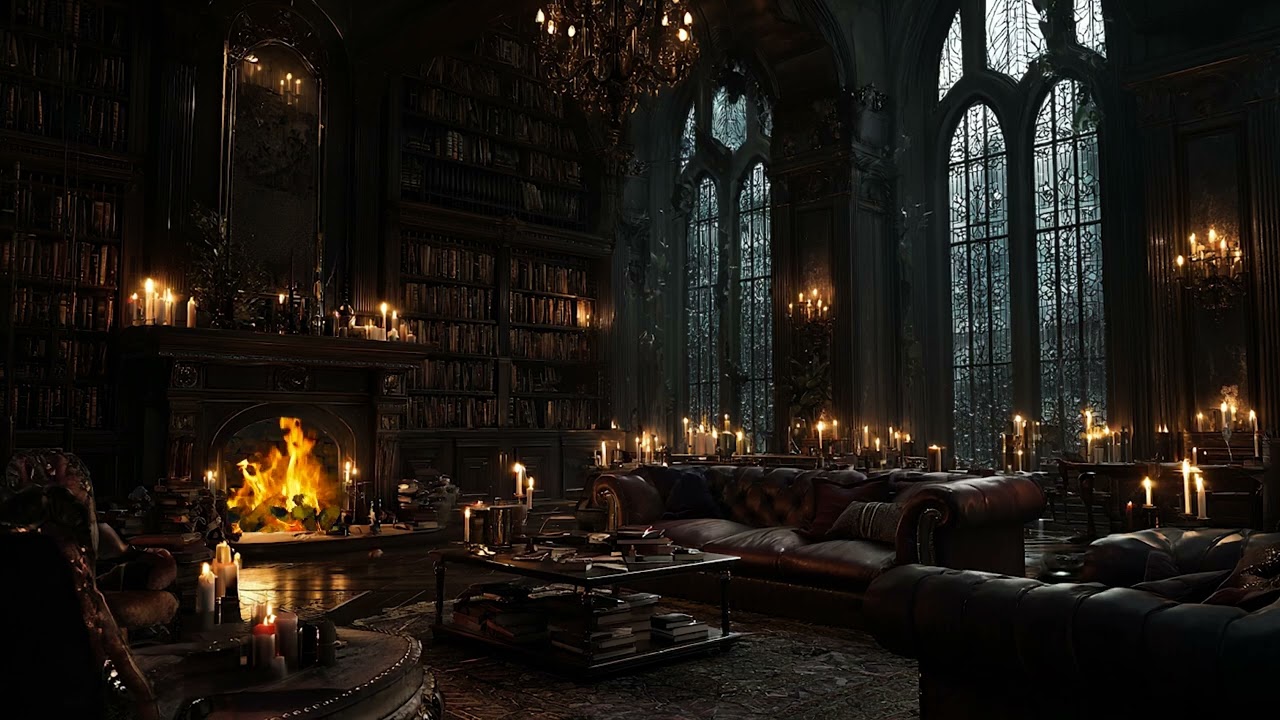 Stormy Rain on Gothic Windows 🔥 Crackling Fireplace in a Dark Victorian Library for Sleep