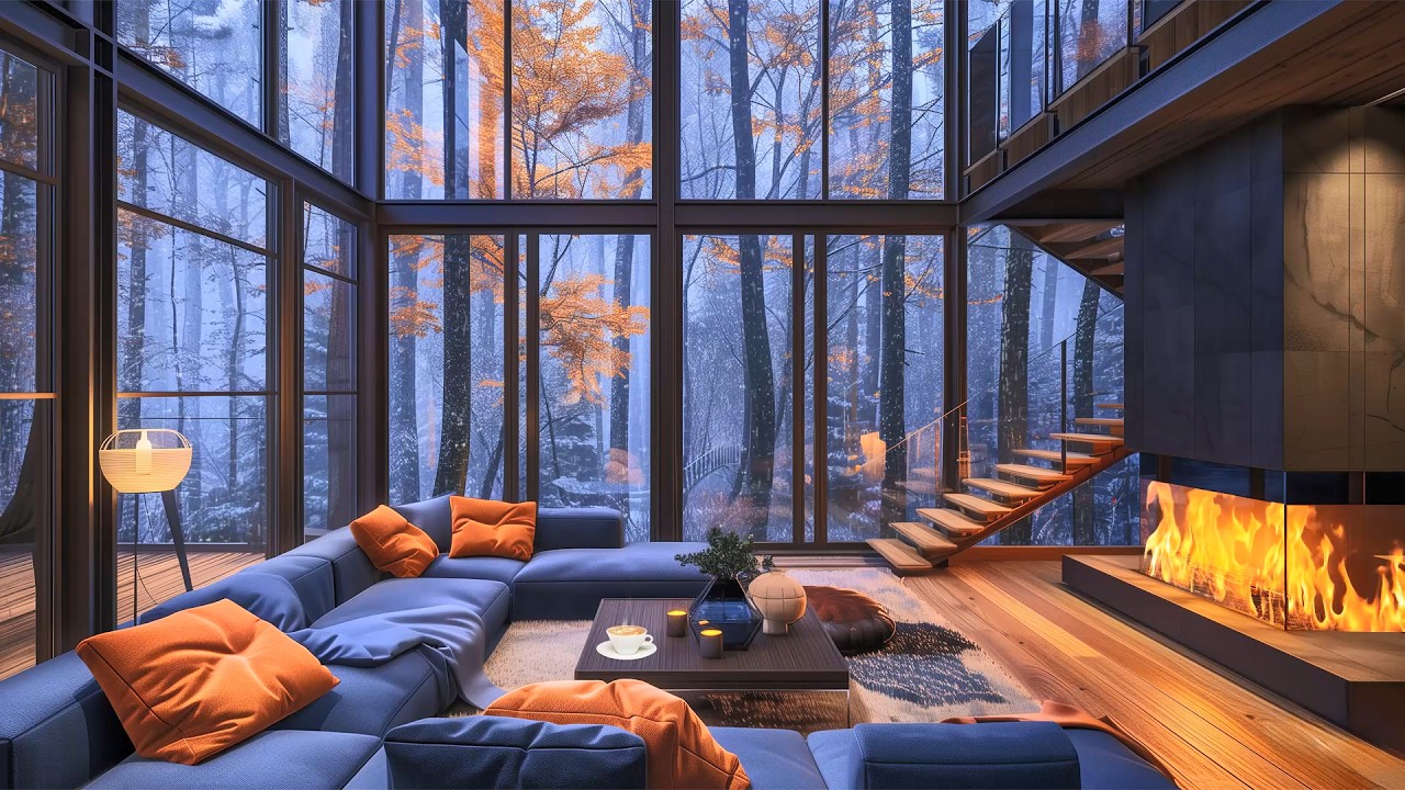 Cozy Fireplace in a Glass Forest House 🔥 Winter Cabin Ambience for Sleep & Relax