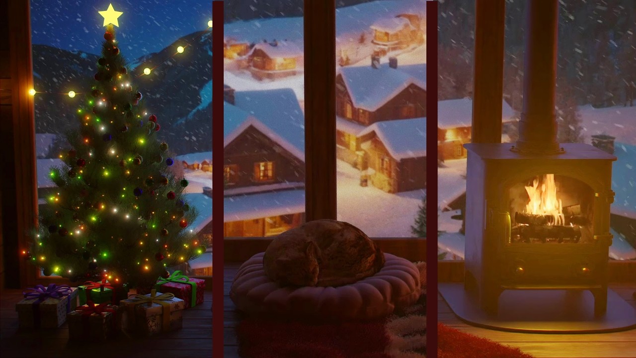 Whispers of Winter: Cosy Christmas Ambience, Snowfall, Crackling Fireplace & Dreaming Cat