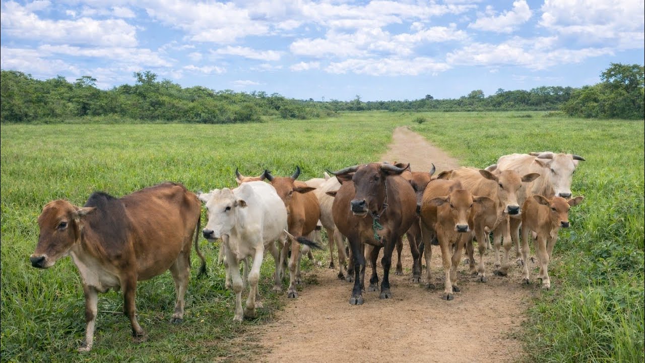 Mengiring puluhan sapi lembu jinak di desa berlarian menuruni hutan dari desa menuju rumput hijau.