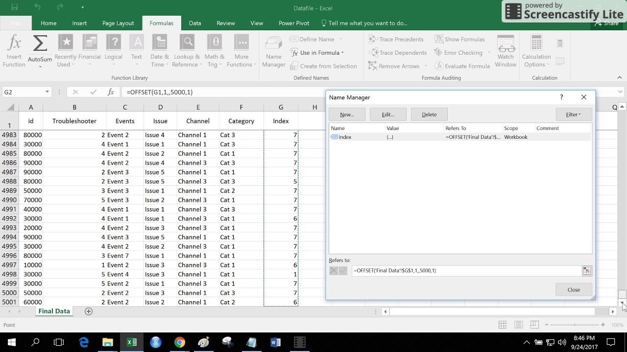 MS Excel Name Manager with advanced offset function