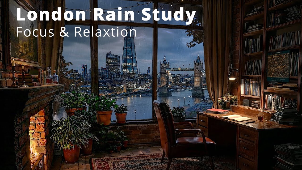 Cozy London Rain Study Room ☕🌧️ Fireplace & City View for Focus, Study & Relaxation