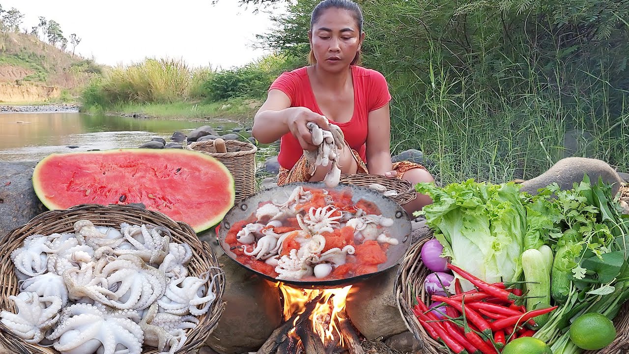 Yummy! Octopus Water melon cooking with chili sauce for dinner - Survival cooking in forest