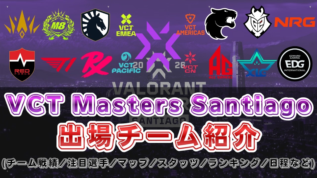 【Mastersをより楽しめる】VCT Masters Santiago出場チーム紹介＆Kickoffスタッツランキング【チーム戦績/注目選手/得意マップ/スタッツ/スタッツランキング/日程など】