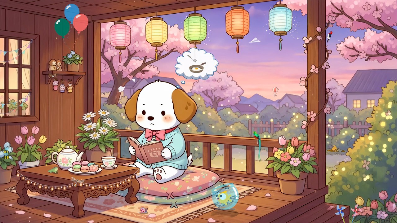 Cute Puppy Reading Book 🌸 Lofi Hip Hop Beats To Sleep & Study 🏮 Cozy Spring Sunset Garden