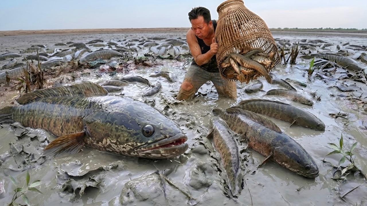 A man so funny find and collect the fish near the pumping water a lot of Fish in the rice Field