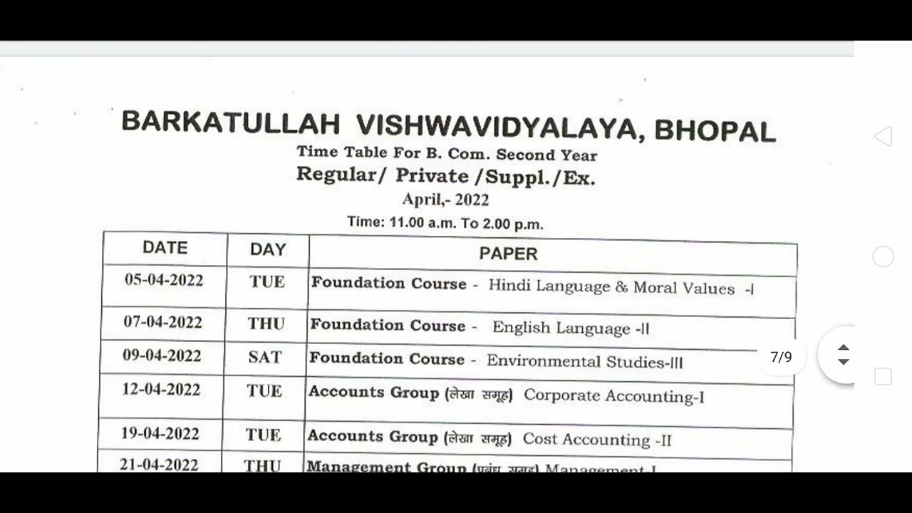 Time Table For B.Com. Second Year 2022...!! Barkatullah University Bhopal...!!
