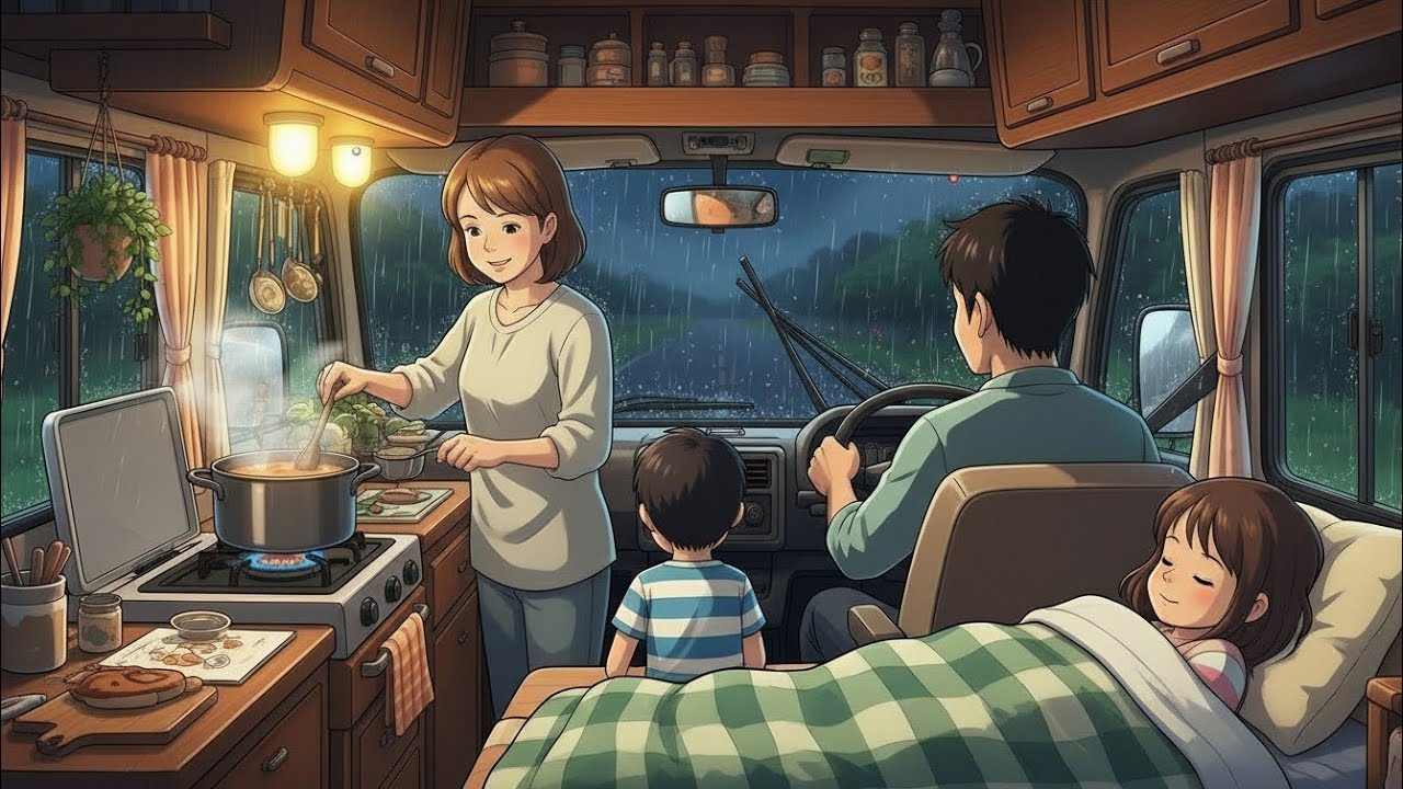 🌧️ Cozy Rainy Night in a Car Home | Anime Ghibli Style Family Cooking & Travel 🚐🍲 #viral #animevlog