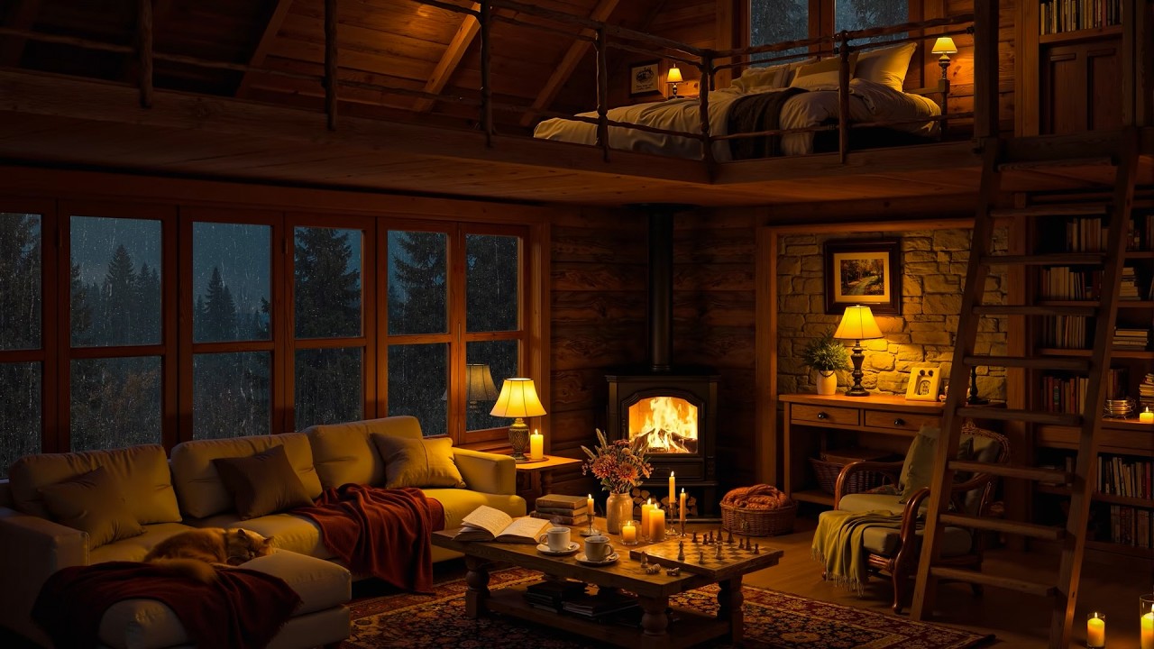 Relaxing Jazz in Cozy Cabin Ambience 🔥 Crackling Fireplace & Rain Sounds for Work, Study, Sleep
