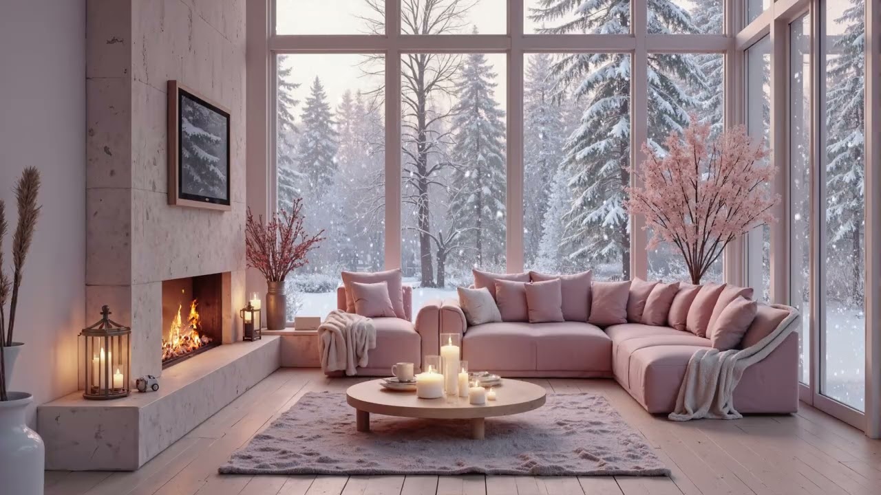 Умиротворяющая зимняя атмосфера ❄️ Снежный ветер, потрескивание камина и успокаивающие звуки для сна