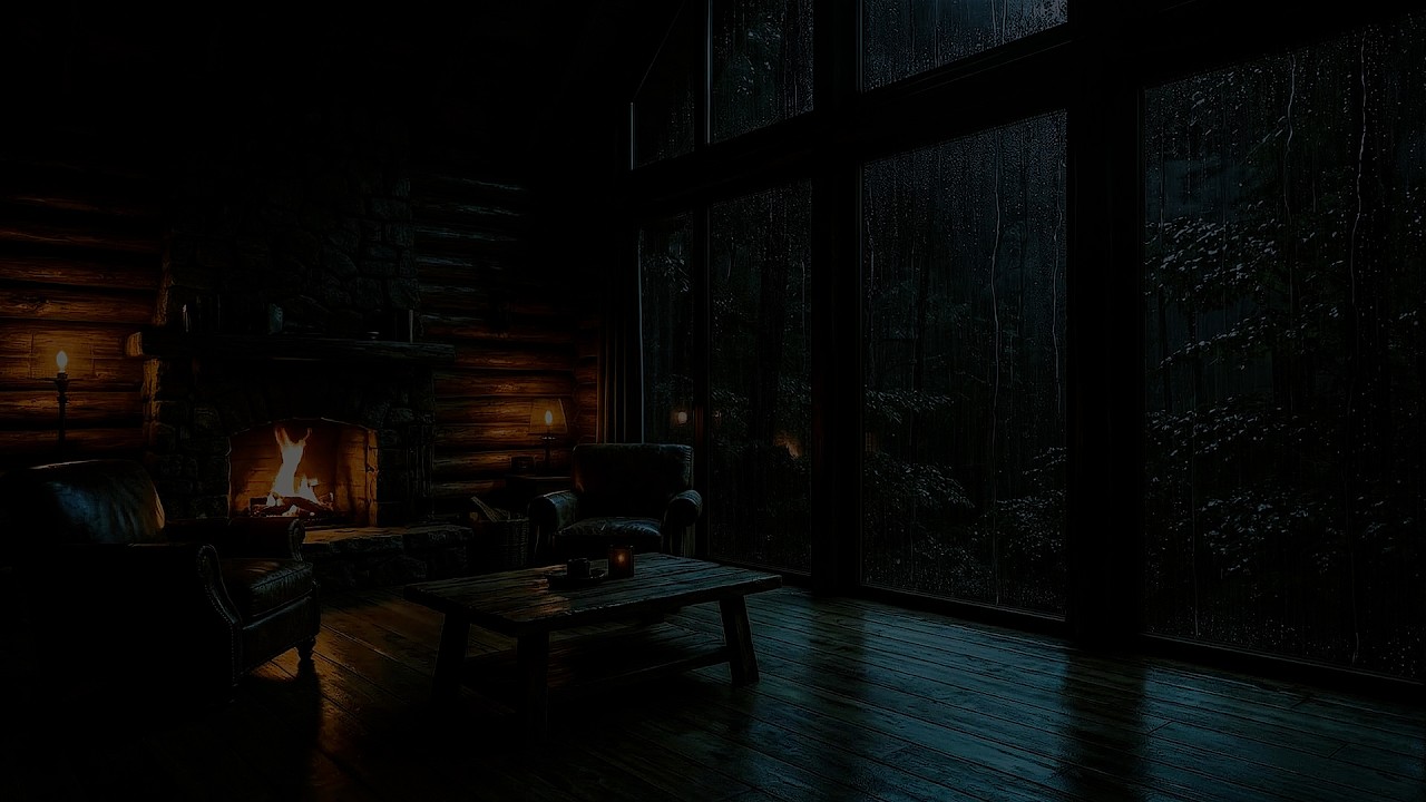 Dark Rainy Cabin Night 🌙 Fireplace Ambience & Window Rain Sounds | Deep Sleep ASMR (No Ads)