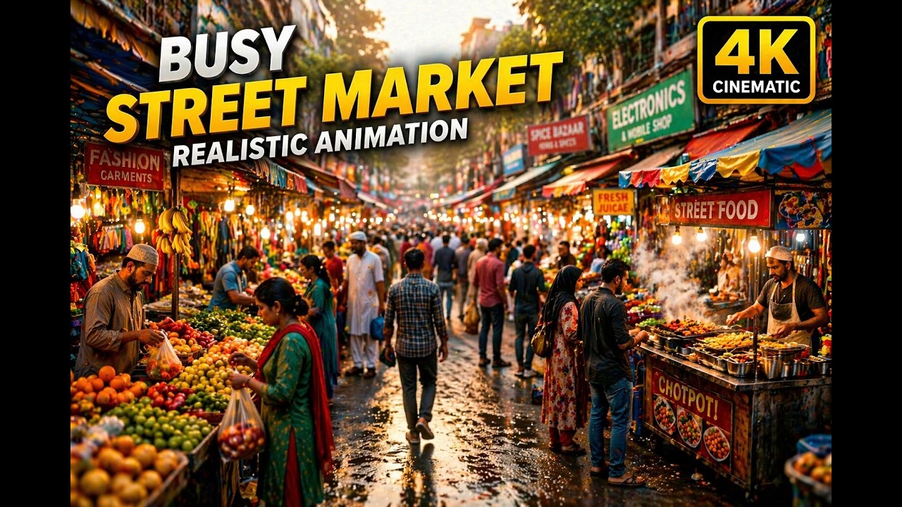 👉 Busy Street Market Scene 🌆 | Realistic Crowd & Shop Animation (4K Cinematic)