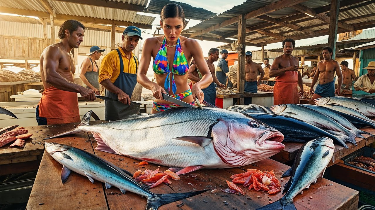 Masterful Fish Cutting Techniques in a Lively Coastal Fish Market